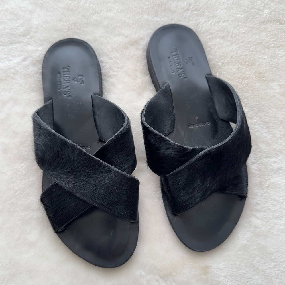 THERA’S Women’s Italian Calf Hair Criss Cross Flat Sandals Size 39 US 8.5